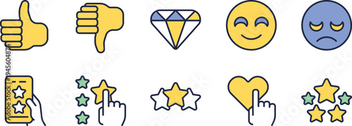 Collection of popular emoticons and rating icons used in digital communication