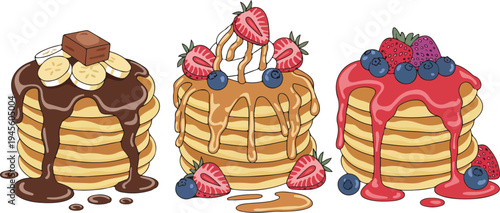 Delicious pancakes with chocolate fruits and syrup toppings sweet breakfast dessert food vector illustration