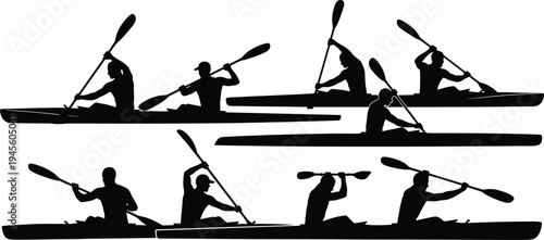 kayak paddler silhouettes set, kayaking athletes, canoeing sport activity, water recreation, outdoor adventure, paddle boat, river kayaking, black silhouette collection