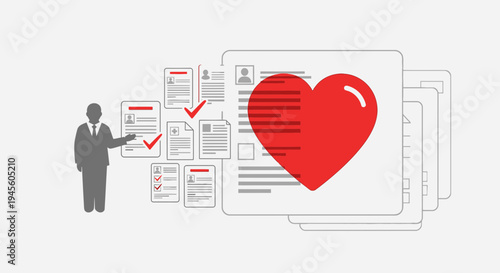 Business man with heart and documents, HR, career, job search, recruitment