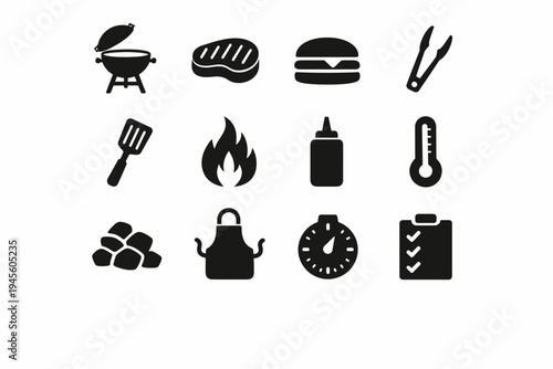 Bbq icon set: grill, steak, burger, utensils, fire, sauce, thermometer, charcoal, apron, timer, checklist