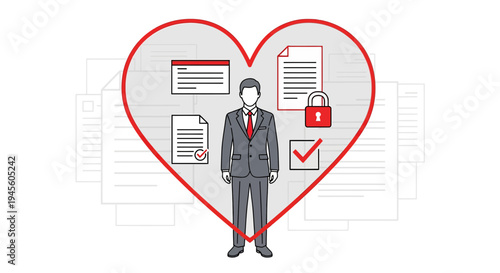 Businessman Inside Heart Shape Surrounded by Documents and Security Icons