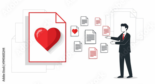 Businessman Presenting Data with Heart Symbol and Documents