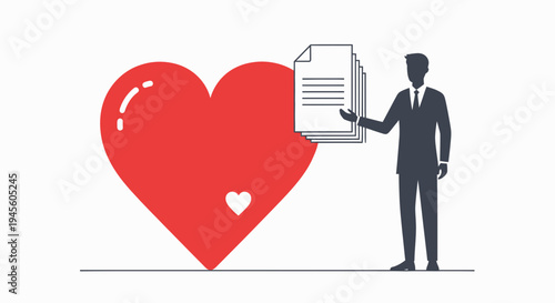 Businessman Presenting Documents Near Giant Red Heart Icon - Love for Business Concept
