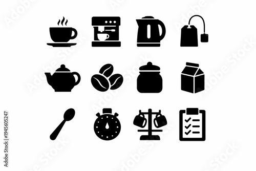 Coffee and tea icons: mug, kettle, coffee maker, teapot, beans, milk, sugar