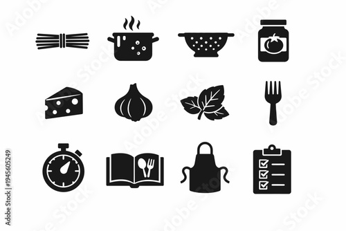 Cooking essentials: pasta, cheese, garlic, herbs, and kitchen tools icons