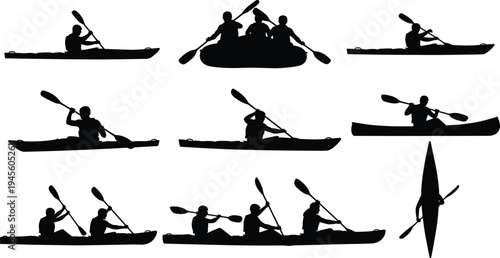 kayak silhouettes collection, kayaking paddlers, canoeing athletes, water sport activity, outdoor adventure, paddle boat, river kayaking, black silhouette set