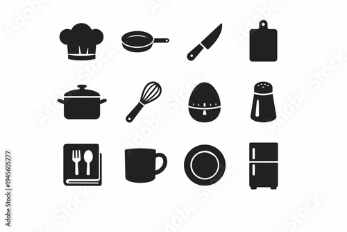 Black kitchen utensil icons set: chef hat, frying pan, knife, cutting board, pot, whisk, egg timer, salt shaker, cookbook, mug, plate, refrigerator
