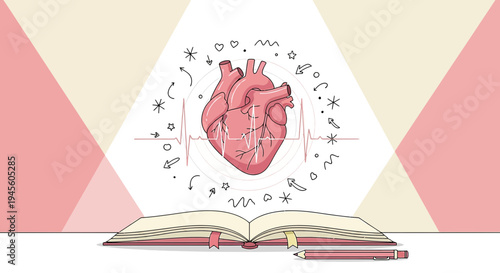 Anatomical Heart, EKG, and Open Book with Pencils - Cardiology Education Concept