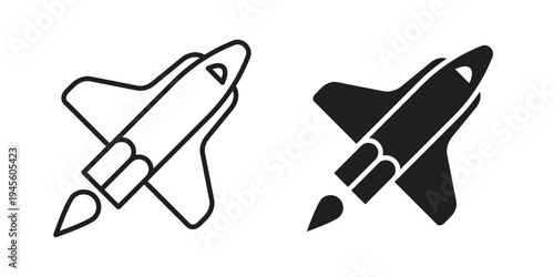 Space shuttle icon vector pack. Thin linear and black flat style.