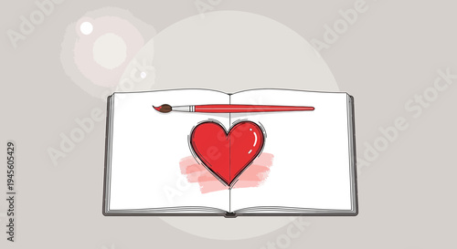 Artistic Heart Drawing in Open Sketchbook with Paintbrush
