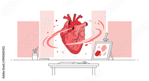 Artist's Concept: Realistic Heart Floating Above Desk with Painting