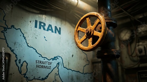 Old rusty metal valve on industrial pipe with background map of Iran and strait of Hormuz symbolizing global oil supply security energy crisis and geopolitical tensions in region today
