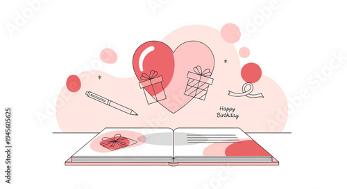 Birthday Celebration Elements: Heart, Balloon, Gift Box, Book, Pen - Flat Design