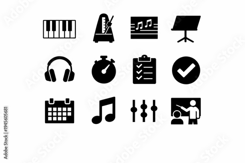 Icons representing music equipment and tools for practicing and teaching