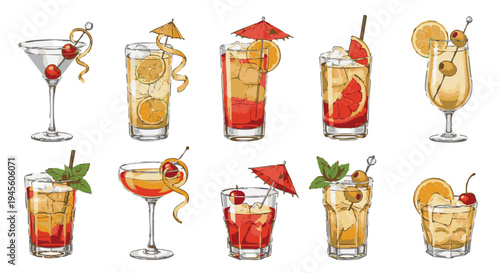Isolated colorful cocktail and drink cocktails drinks glasses martini highball