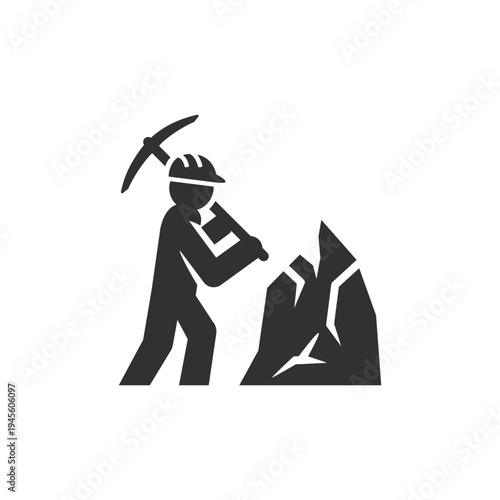 Miner working with pickaxe icon. Mining industry and resource extraction concept. Monochrome black and white symbol