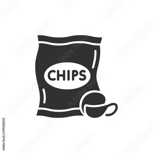 Potato chips bag icon. Snack food and fast food product. Monochrome black and white symbol