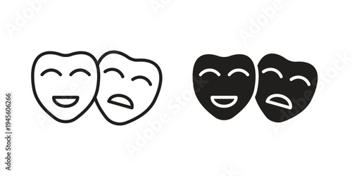 Theater masks icon vector pack. Thin linear and black flat style.