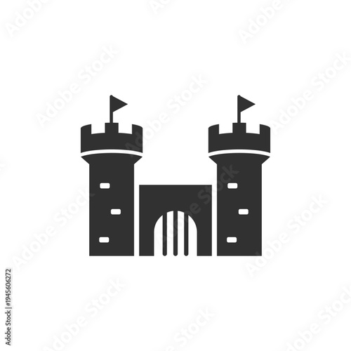 Twin tower castle gate icon. Medieval fortified gateway. Monochrome black and white symbol