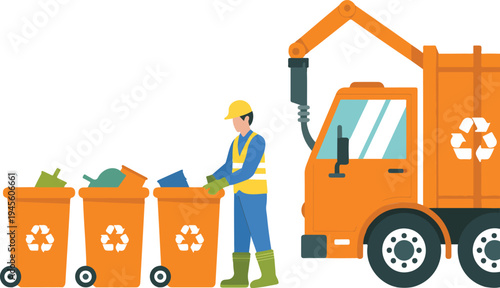 Municipal waste collection workers loading recycling bins into garbage truck environmental sanitation service vector illustration