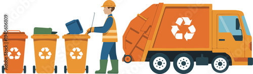 Municipal waste collection workers loading recycling bins into garbage truck environmental sanitation service vector illustration