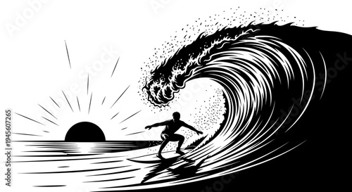 Silhouette of a Surfer Riding a Large Wave at Sunset.