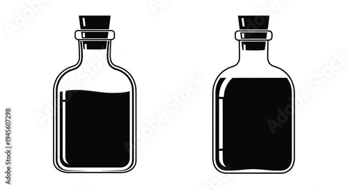 Two vintage bottles with corks depicted in stark black silhouette