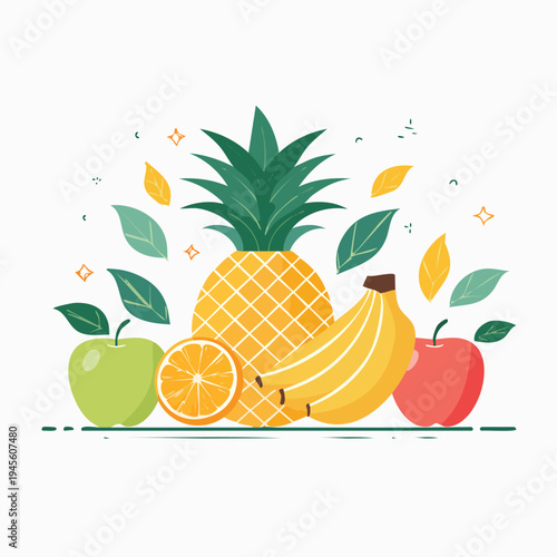 Colorful flat illustration of assorted fresh tropical and summer fruits on a white background