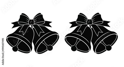 Two christmas bells with bows a striking black graphic silhouette