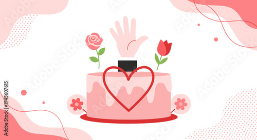 Celebration cake with heart, hand, and roses, pink and red pastel colors, graphic illustration