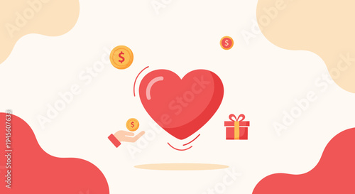 Charity and Kindness Concept: Heart, Coins, Gift Box, Helping Hand