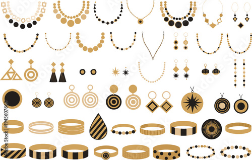A collection of elegant gold and black jewelry accessories on a white background