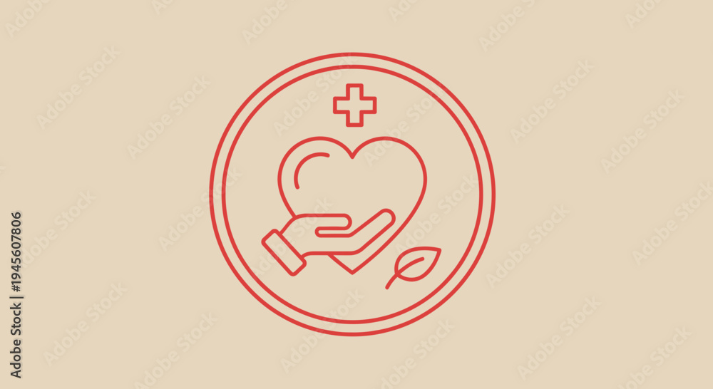 Obraz premium Caring Hand Holding Heart and Leaf Icon with Medical Cross - Health and Wellness Concept