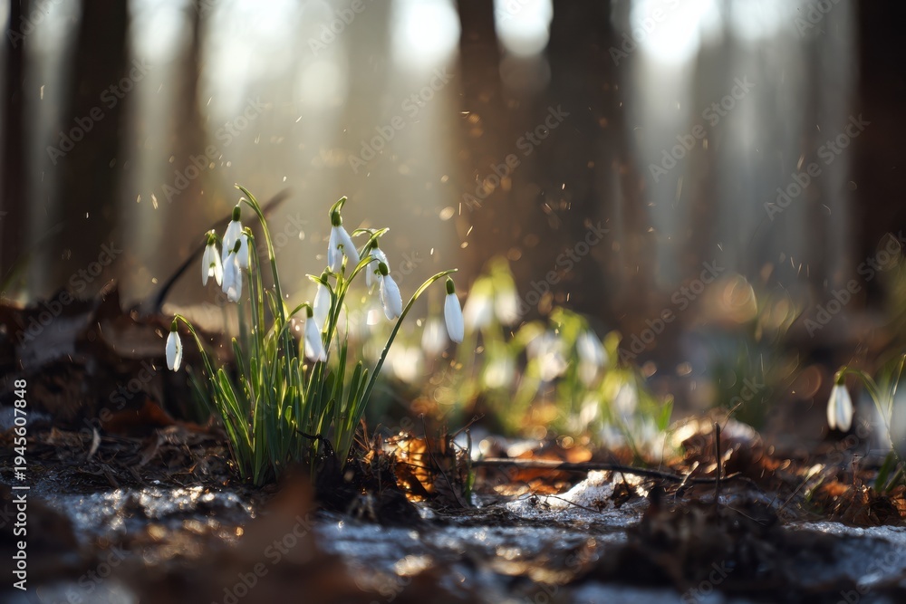 Fototapeta premium Illumination From Seasonal Warmth Brings Out Tender Green Sprigs Among Fallen Leaves In Woodland Environment