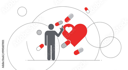 Cardiology Concept: Person with Heart and Pills, Medical Illustration