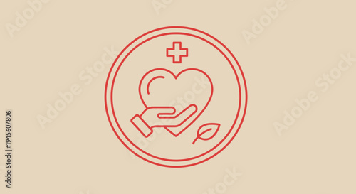 Caring Hand Holding Heart and Leaf Icon with Medical Cross - Health and Wellness Concept