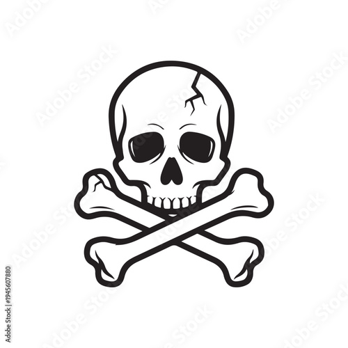 Skull and crossbones illustration with cracked cranium detail isolated on white background for pirate or danger concept