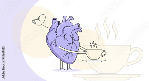 Cartoon Heart Character Enjoying Coffee Cup With Steam, Health Concept