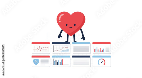 Cartoon Heart Character with Health Data Charts and Graphs