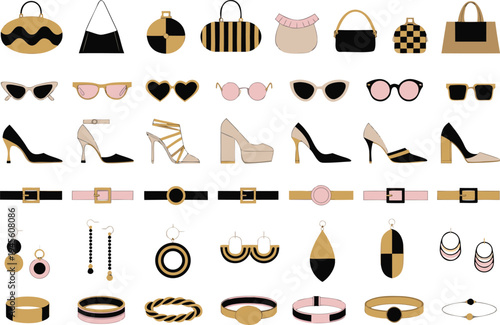 A collection of fashion accessories including handbags, shoes, jewelry, and belts in a modern flat design style