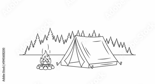 Line art illustration of a classic camping scene with a tent, a crackling campfire, and a dense forest of pine trees in the background.
