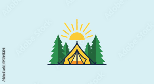 Minimalist illustration of a yellow camping tent nestled between two green pine trees under a bright shining sun.