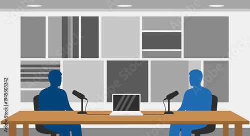 Illustration of two people recording a podcast or conducting an interview with microphones and a laptop on a wooden table.