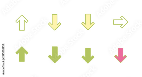 A collection of eight simple arrow icons in various directions, styles, and colors, including up, down, and right arrows, with both outline and filled designs.
