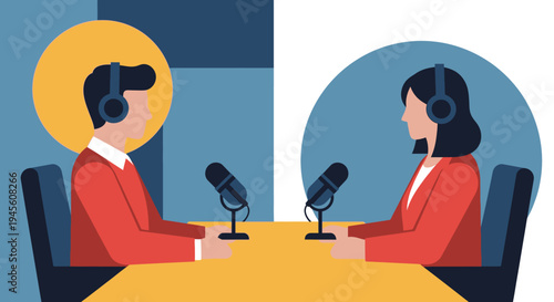 Flat illustration of a man and a woman wearing headphones and speaking into microphones, engaged in a podcast recording or radio interview in a studio.