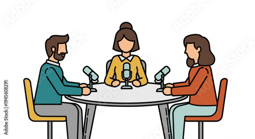 Three diverse people, two women and one man, sitting around a table with microphones, engaged in a podcast recording or radio broadcast discussion, depicted in a modern flat vector illustration style.