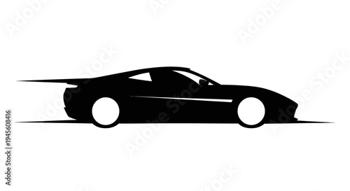Black silhouette of a sleek, fast sports car with speed lines, depicting motion and high performance on a white background.