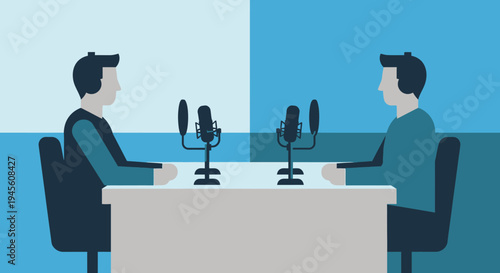 Two people recording a podcast or interview with microphones on a table, depicted in a flat vector illustration style.