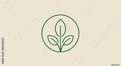 Minimalist green line art logo featuring a plant with three leaves enclosed in a circular design on a light beige background, symbolizing nature and growth.